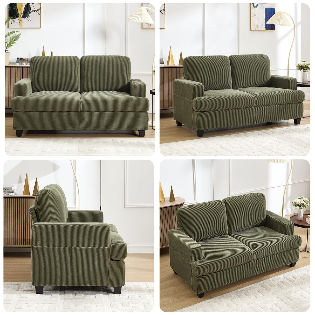 HOMYKA Loveseat Sofa, 60" Corduroy Couch with Side Pocket, Removable Pillow and Cushion Cover 2 seat Couches, Comfy Modern Small Couch for Living Room, Small Spaces, Dorms, Office, Green HOMYKA