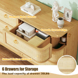 HUAHUU 6 Drawer Rattan Dresser for Bedroom, 43'' Fluted Modern Wooden Dresser with Metal Handles&Wood Legs, Curved Profile Design, Boho Chest of Drawers for Bedroom, Living Room, Natural HUAHUU