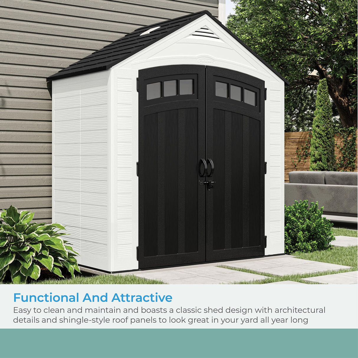 Suncast Vista 7' x 4' Outdoor Storage Shed with Pad-Lockable Double Doors and IllumiVent System, All-Weather Shed for Yard Storage, Brown, Made in The USA Suncast
