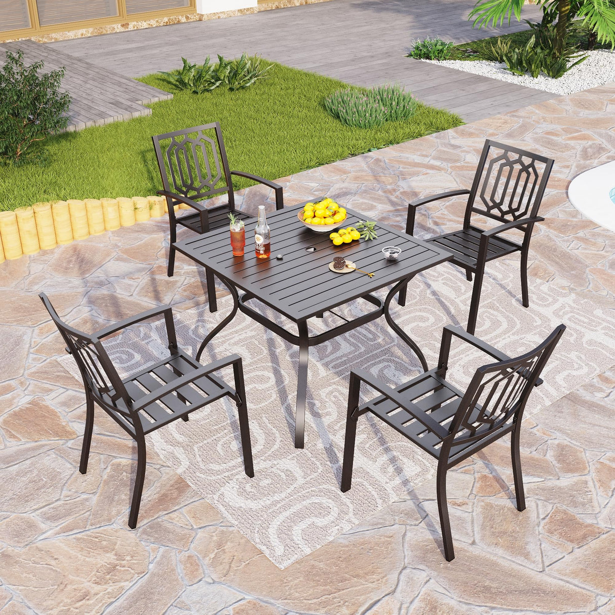 PHI VILLA 5-Piece Metal Patio Outdoor Table and Chairs Outdoor Dining Set - 37" Square Patio Table w/1.57" Umbrella Hole and 4 Backyard Garden Stackable Dining Chairs, Black PHI VILLA