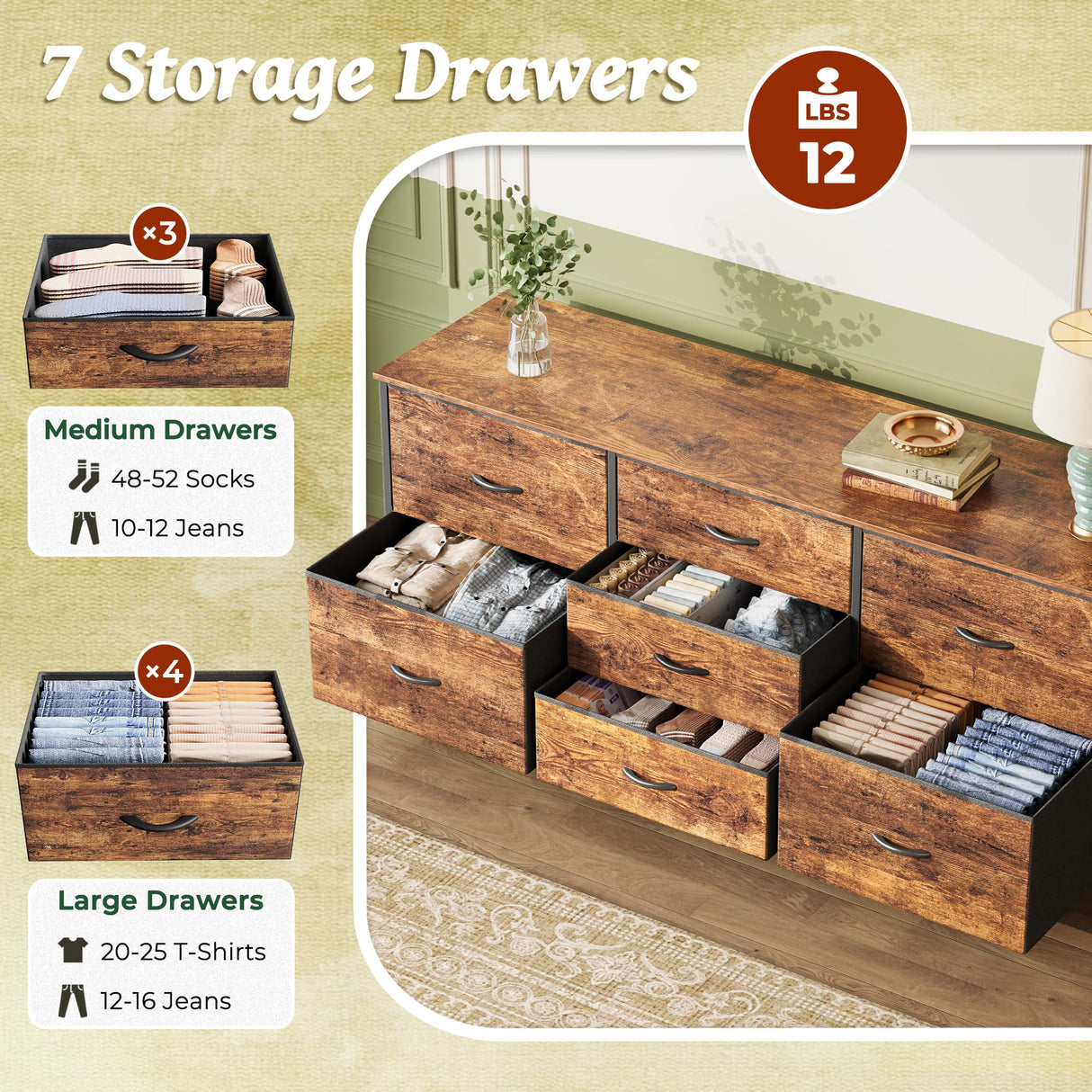 Huuger Dresser for Bedroom, 55 Inch TV Stand for 43, 55, 60 Inch TV, Long Fabric Dresser with 7 Drawers, Chest of Drawers for Storage, Closet, Clothing, Rustic Brown Huuger