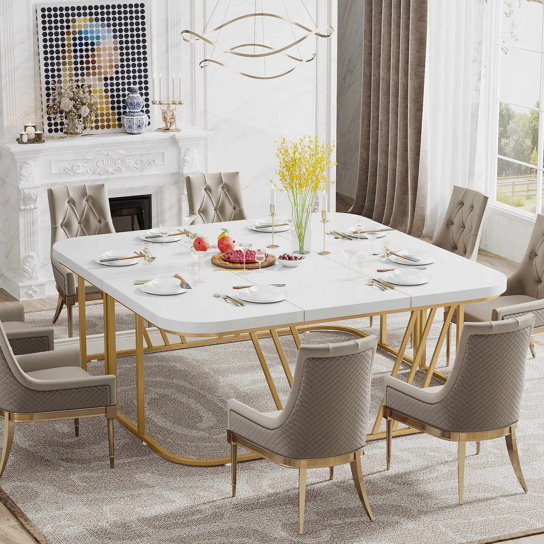 Tribesigns Large Square Dining Table for 8-10 People, Modern 63L X 63W X 29.5H inches Wooden Kitchen Table Dining Room Table, White & Gold, 2 Separate Tables - WoodArtSupply