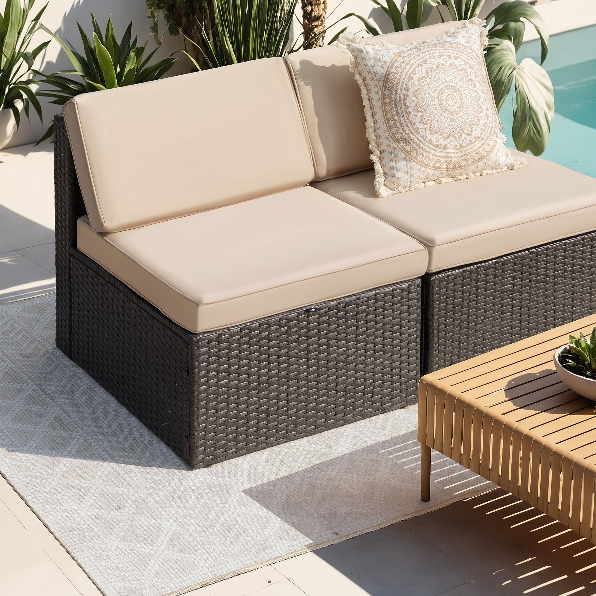 Greesum 2 Piece Patio Conversation Set Wicker Rattan Furniture Outdoor Sofa with Cushions,Pillows and Glass Table for Porch,Lawn and Yard, Beige - WoodArtSupply