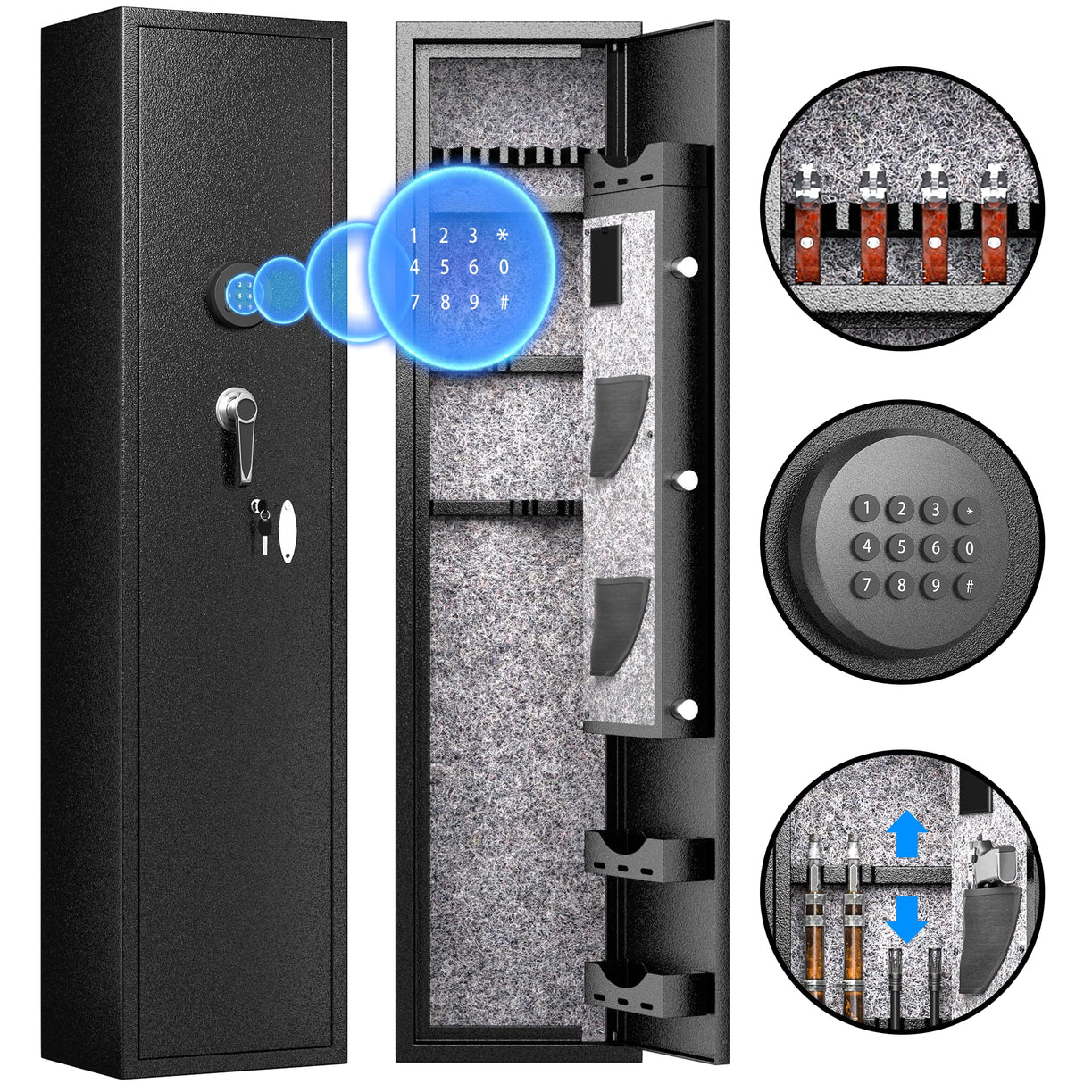 Greenvelly 6-8 Gun Safe for Rifles and Pistols, Rifle Safe with Keyboard Lock, Gun Cabinet for Rifles and Shotguns, Quick Access Fireproof Gun Safe with Pocket and Gun Rack for Home, Black Greenvelly