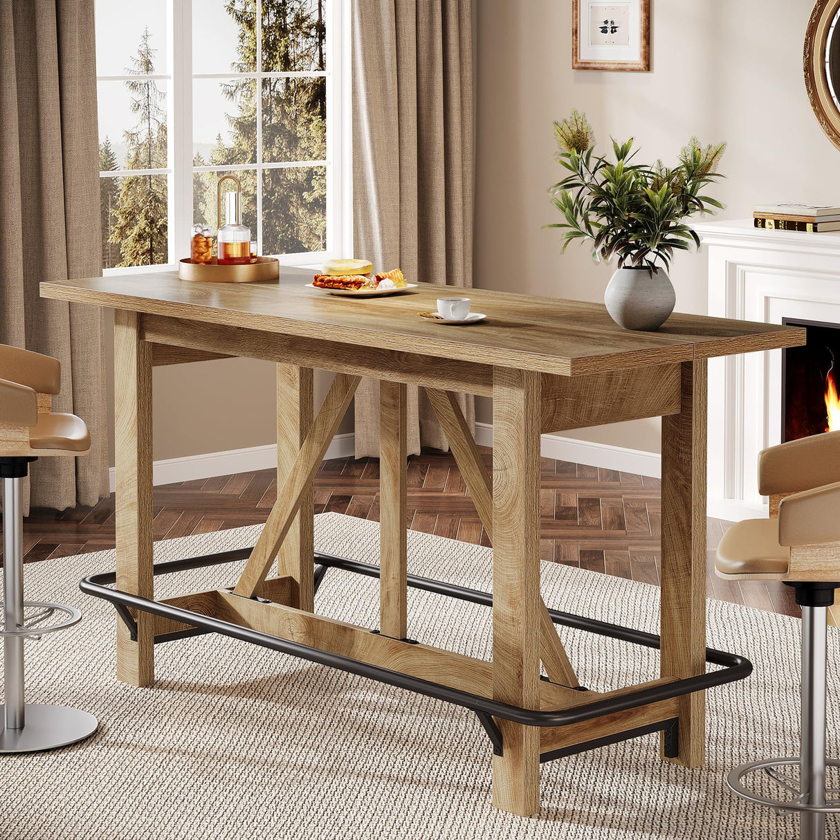 Tribesigns 63" Bar Table, Long Counter Height Pub Dining Table with Footrest, Home Bar Furniture for Bar, Kitchen & Dining Room, Living Room, Brown Tribesigns