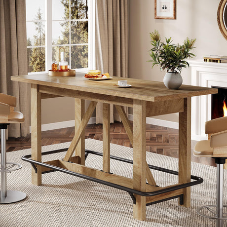 Tribesigns 63" Bar Table, Long Counter Height Pub Dining Table with Footrest, Home Bar Furniture for Bar, Kitchen & Dining Room, Living Room, Brown Tribesigns