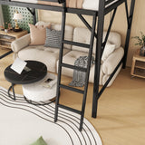 KEIKI Full Size Metal Loft Bed Frame with Ladder and Built-in Storage Shelves, for Teens, Modern Style Loft Bed with Solid Slats, Guardrail, No Box Spring Required, Easy Assembly, for Bedroom, Black KEIKI