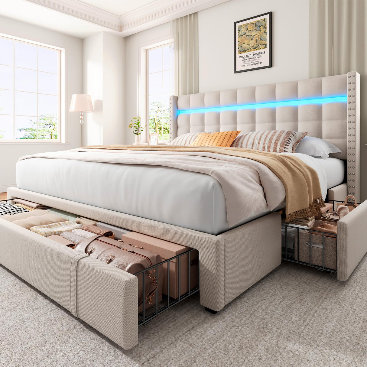 EnHomee LED Queen Bed Frame with Adjustable Headboard & 3 Storage Drawers in Beige EnHomee