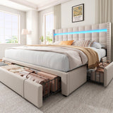 EnHomee LED Queen Bed Frame with Adjustable Headboard & 3 Storage Drawers in Beige EnHomee