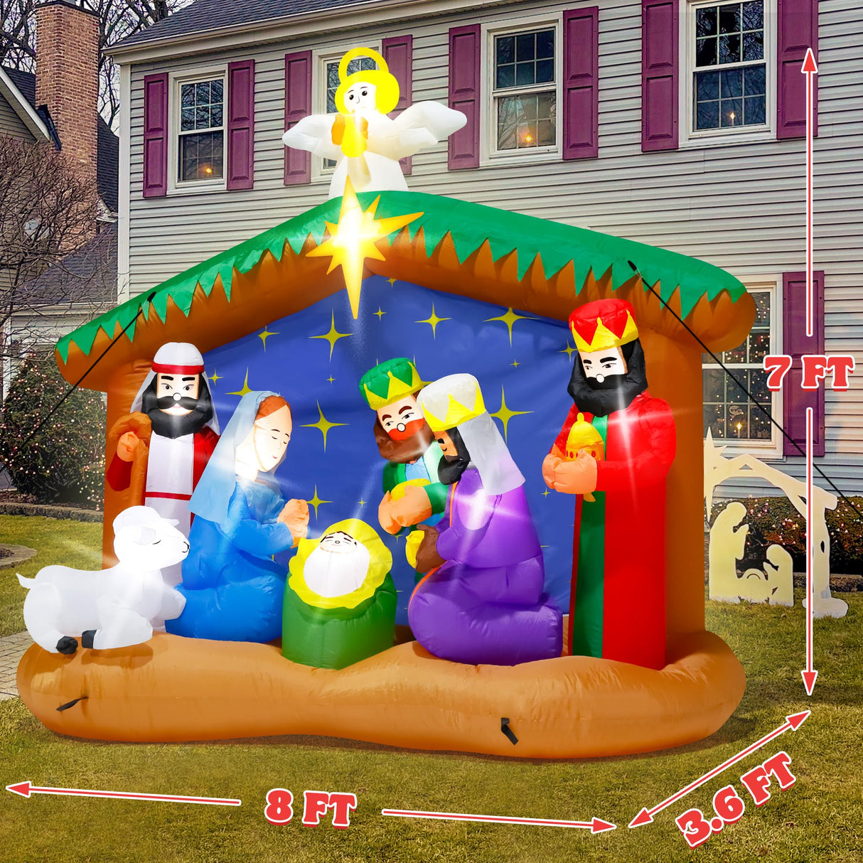 8FT Christmas Nativity Scene, LED Lighted Birth of Jesus Inflatable Decor for Xmas Yard Melisheer