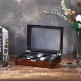 BEWISHOME Watch Box -10 Slot Luxury Wooden Watch Cases for Men Watch Storage with Real Glass Top, Mens Watch Organizer Holder with Removable Pillows, Smooth Faux Leather Interior, Brown SSH10Y BEWISHOME