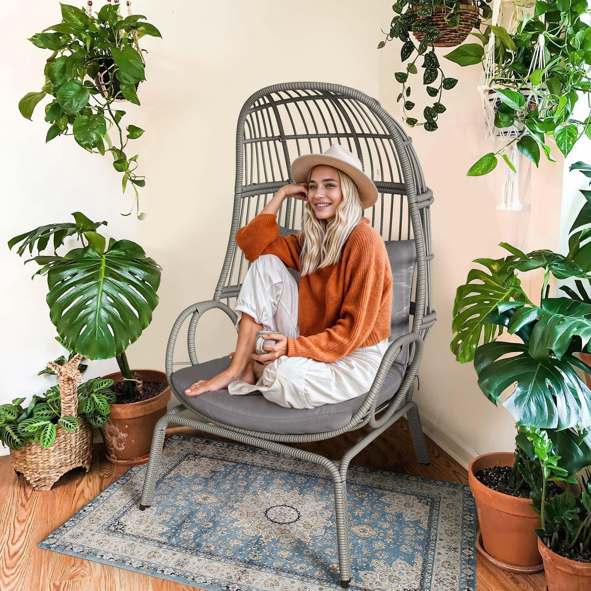 YITAHOME Outdoor Narrow Egg Chair Wicker, Patio Rattan Basket Chair with 370lbs Capacity Indoor Egg Chairs with Stand & Cushion Cocoon Chair for Bedroom, Patio, Balcony - Grey YITAHOME