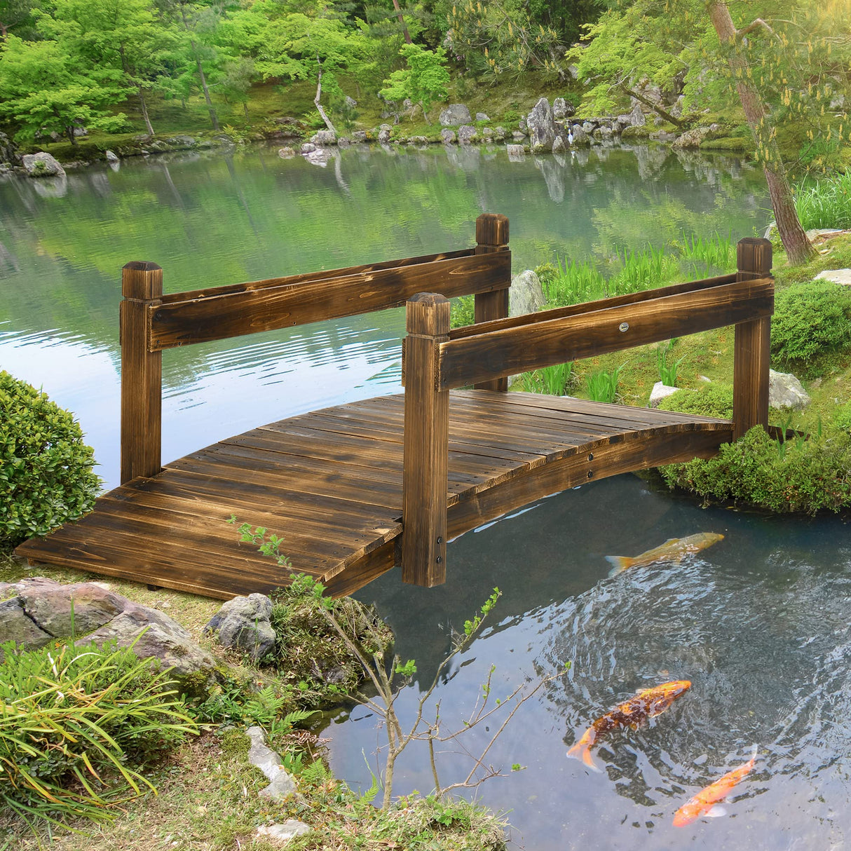 Outsunny 7.5' Wooden Garden Bridge with Planters, Stained Finish Arc Footbridge with Safety Railings for Backyard, Pond Stream, Stained Wood Outsunny