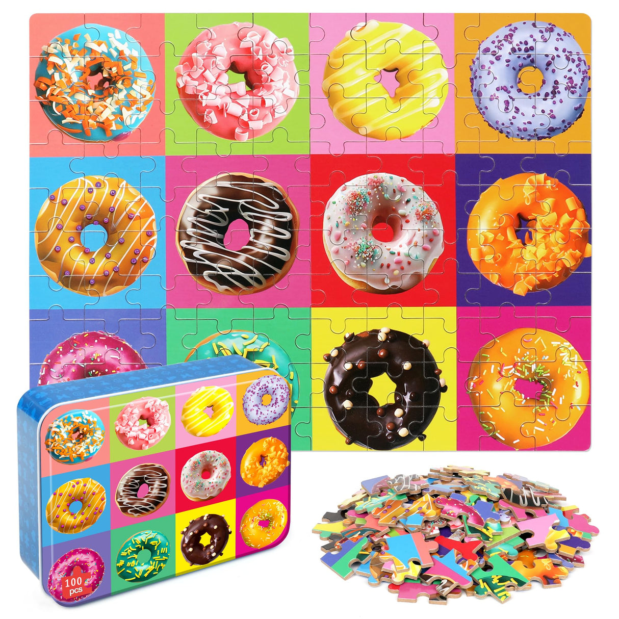LELEMON Puzzles for Kids Ages 4-6,Donut Puzzle 100 Piece Puzzles for Kids in a Metal Box, Educational Kids Puzzles Jigsaw Puzzles 100 Piece Puzzle Games Puzzle Toys for Girls and Boys LELEMON