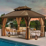 YITAHOME 12x16 ft Hardtop Gazebo with Nettings and Curtains, Outdoor Heavy Duty Aluminum Gazebo Combined of Horizontal and Vertical Stripes Roof for Patio, Backyard, Deck, Lawns and Balcony (Bronze) YITAHOME