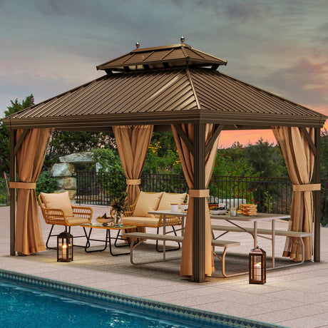 YITAHOME 12x16 ft Hardtop Gazebo with Nettings and Curtains, Outdoor Heavy Duty Aluminum Gazebo Combined of Horizontal and Vertical Stripes Roof for Patio, Backyard, Deck, Lawns and Balcony (Bronze) YITAHOME