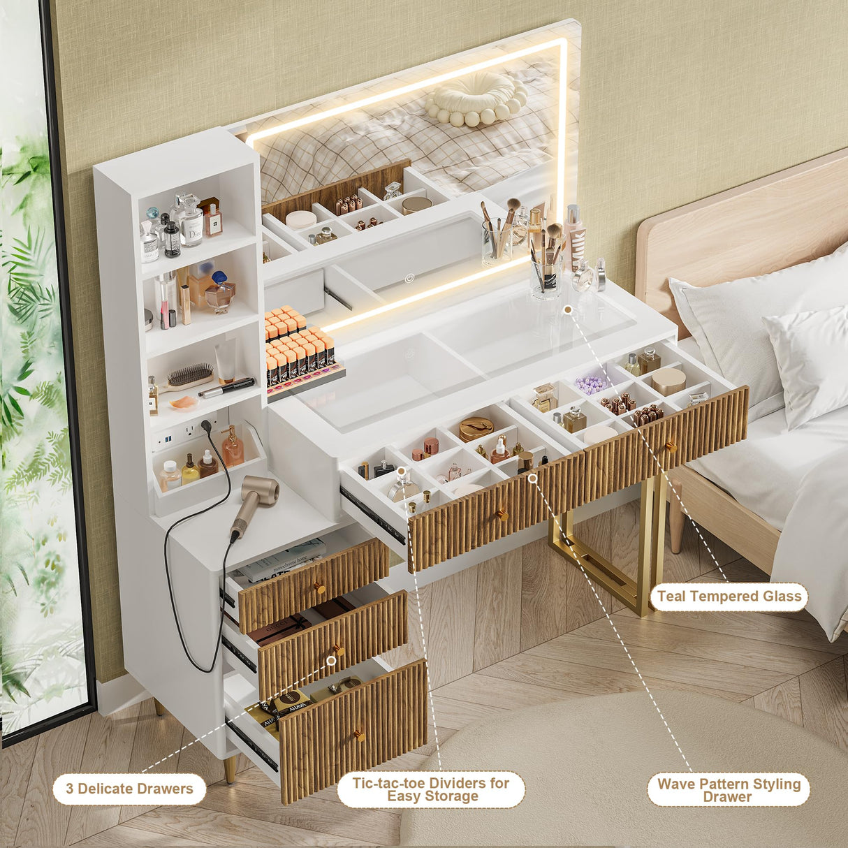 DAMCROP 44 Inch Vanity Desk with 32'' Lighted Mirror & Charging Station, Dressing Table with Modern Fluted Design Glass Top 5 Drawers, 3 Shelves Makeup Vanity Set for Bedroom Dressing Room(White) DAMCROP