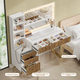 DAMCROP 44 Inch Vanity Desk with 32'' Lighted Mirror & Charging Station, Dressing Table with Modern Fluted Design Glass Top 5 Drawers, 3 Shelves Makeup Vanity Set for Bedroom Dressing Room(White) DAMCROP