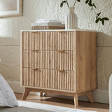 T4TREAM Fluted 3 Drawer Dresser, 32" Tall Modern Chest of Drawers with Faux Marble Top, Curved Profile Design, Wood Drawer Organizer for Bedroom, Living Room, Hallway, Entryway, Natural Oak T4TREAM
