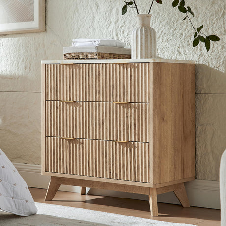 T4TREAM Fluted 3 Drawer Dresser, 32" Tall Modern Chest of Drawers with Faux Marble Top, Curved Profile Design, Wood Drawer Organizer for Bedroom, Living Room, Hallway, Entryway, Natural Oak T4TREAM