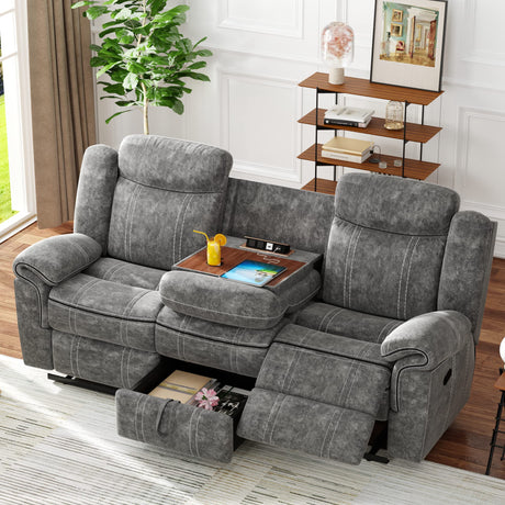 Acme Furniture Zubaida 41" x 87" Modern Velvet Reclining Sofa with USB Dock, 1 Storage Drawer, Tight Back & Seat Cushion, in 2-Tone Gray Finish Acme