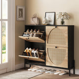 IRONCK Rattan Shoe Cabinet Storage with 4 Flip Drawers, Freestanding Shoe Storage Organizer Cabinet for Entryway, Narrow Shoe Rack Cabinet, Black IRONCK