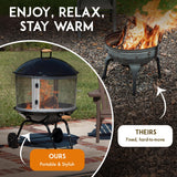 Fire Sense 01471 Fire Pit Bessemer Rolling Patio Fireplace Wooden Bonfire Porcelain Enamel Wood Burning with Wheels & Handle Grip for Outdoor Entertaining - Black & Silver - 28" Fire Sense