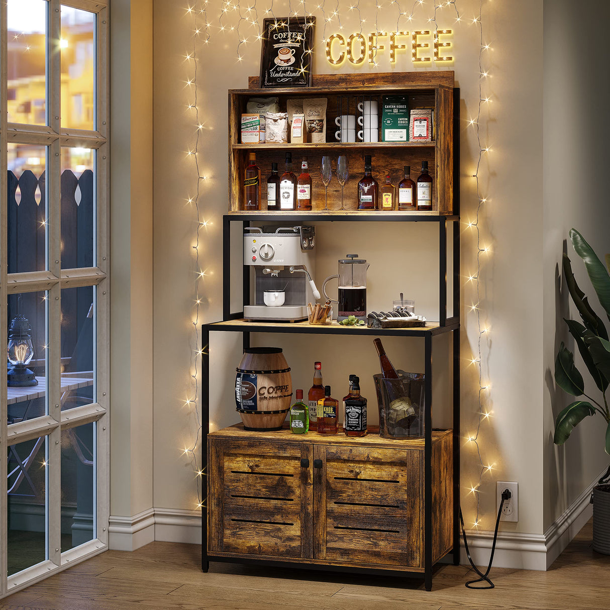 Furniouse Rustic Brown 5-Tier Kitchen Baker's Rack with Power Outlet and Storage Cabinets Furniouse