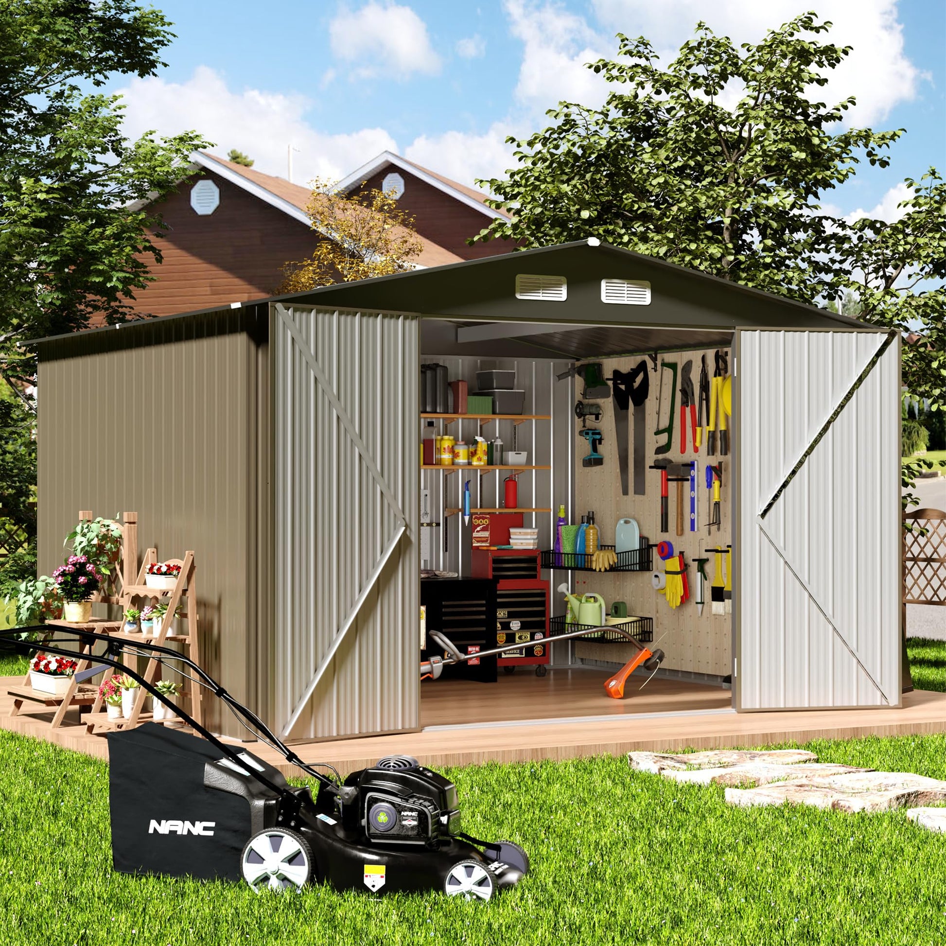 TIMWNER Large Storage Shed, 10' × 8' FT Metal Storage Shed with Lockable Door, Waterproof Shed Outdoor Use, Tool Shed with Windows for Bike, Garden, Brown - WoodArtSupply