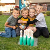 Sterling Sports Wooden Lawn Bowling 9" Skittles Set with Carrying Mesh Bag for Indoors and Outdoors - 10 Wooden Pins and 2 Balls, Green/Turquoise and Gray STERLING