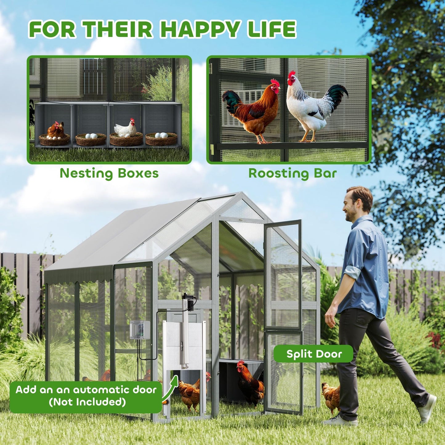 PawHut Large Chicken Run, Wooden Chicken Coop with Waterproof & Anti-UV Cover, Split Door, 2 Nesting Boxes, 2 Roosting Bars, Walk-in Chicken Pen for 6-8 Chickens, for Backyard, Farm, 5.5' x 6' x 6'