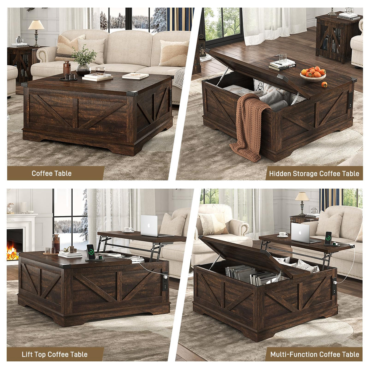 Hlivelood 40” Large Farmhouse Lift Top Coffee Table with Power Outlets and Large Hidden Storage, Square Wood Living Room Tables, Multi-Function Lift Wooden Barn Door Center Table, Brown Hlivelood