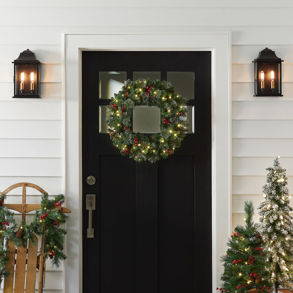 National Tree Company Pre-Lit Artificial Christmas Wreath, Green, Crestwood Spruce, White Lights, Decorated with Pine Cones, Berry Clusters, Frosted Branches, Christmas Collection, 24 Inches National Tree Company