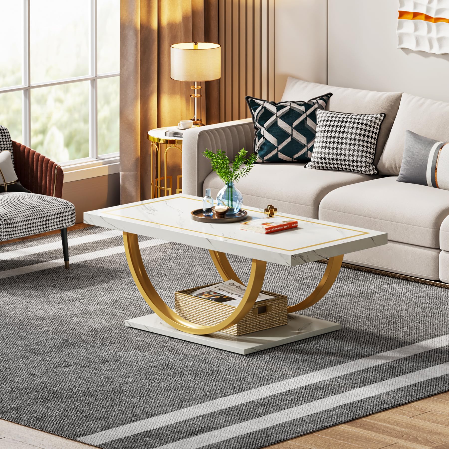 Tribesigns Modern Coffee Table Faux Marble White Gold Coffee Table Rectangle Coffee Table for Living Room, Engineered Wood Coffee Table with Faux Marble Veneer and Heavy Duty Metal Frame - WoodArtSupply