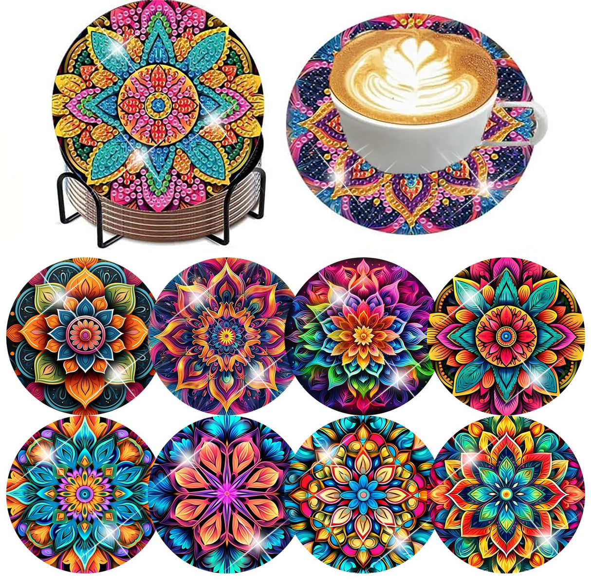 ijbnhd Mandala Diamond Art Coasters Kits for Adults, 8 Pieces Mandala Diamond Painting Coasters with Holder for Beginners 4X4inch (Cork Wooden Pad) ijbnhd