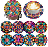ijbnhd Mandala Diamond Art Coasters Kits for Adults, 8 Pieces Mandala Diamond Painting Coasters with Holder for Beginners 4X4inch (Cork Wooden Pad) ijbnhd