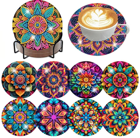 ijbnhd Mandala Diamond Art Coasters Kits for Adults, 8 Pieces Mandala Diamond Painting Coasters with Holder for Beginners 4X4inch (Cork Wooden Pad) ijbnhd