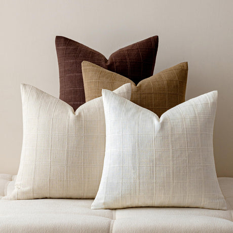 Aesthaboho Taupe Linen Pillow Covers Set of 4, Decorative Plaid Throw Pillow Covers 18 x 18 Inch, Boho Cushion Soft Neutral Farmhouse Vintage Cozy Home Decor for Living Room Bedroom Aesthaboho