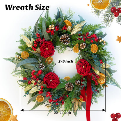 Pinkpuii Pre-lit Christmas Wreath with Lights,24 Inch Outdoor Christmas Wreaths for Front Door,Green Eucalyptus Olive Leaves Winter Door Wreath with Pinecones,Red Flower-Lighted Xmas Holiday Wreath