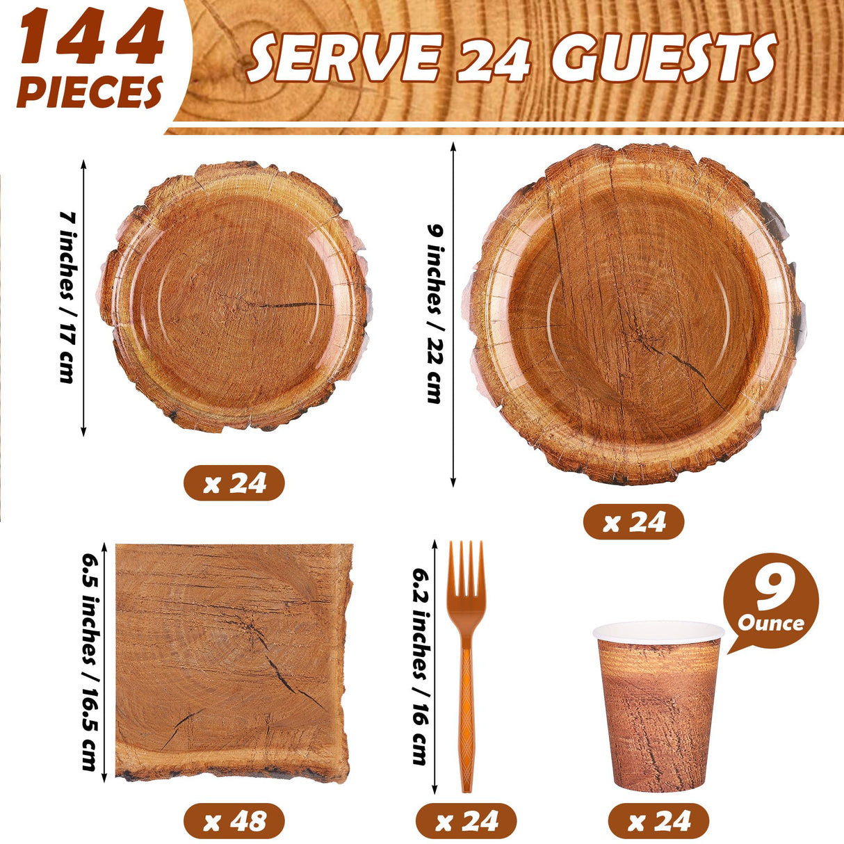 Kochorie 144 Pieces Camping Wood Grain Slice Tableware Sets Rustic Wood Party Decorations Paper Plates Napkins Cups Forks Serves 24 for Forest Themed Party Decorations Hunting Birthday Supplies Kochorie