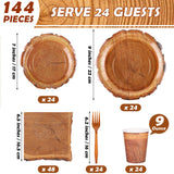 Kochorie 144 Pieces Camping Wood Grain Slice Tableware Sets Rustic Wood Party Decorations Paper Plates Napkins Cups Forks Serves 24 for Forest Themed Party Decorations Hunting Birthday Supplies Kochorie