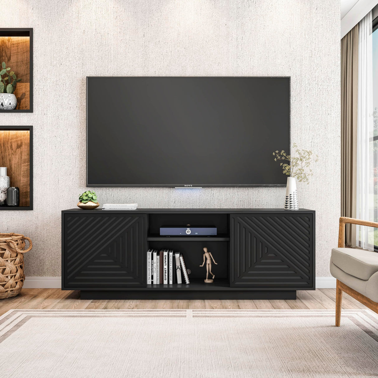 Techni Mobili Modern TV Stand for Screen TVs Up to 70” When Measured Diagonally – Black TV Stand with 2 Storage Cabinets with Patterned Doors and Open Shelves – Black Techni Mobili
