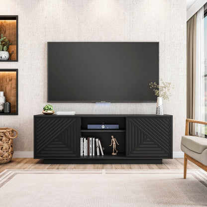 Techni Mobili Modern TV Stand for Screen TVs Up to 70” When Measured Diagonally – Black TV Stand with 2 Storage Cabinets with Patterned Doors and Open Shelves – Black