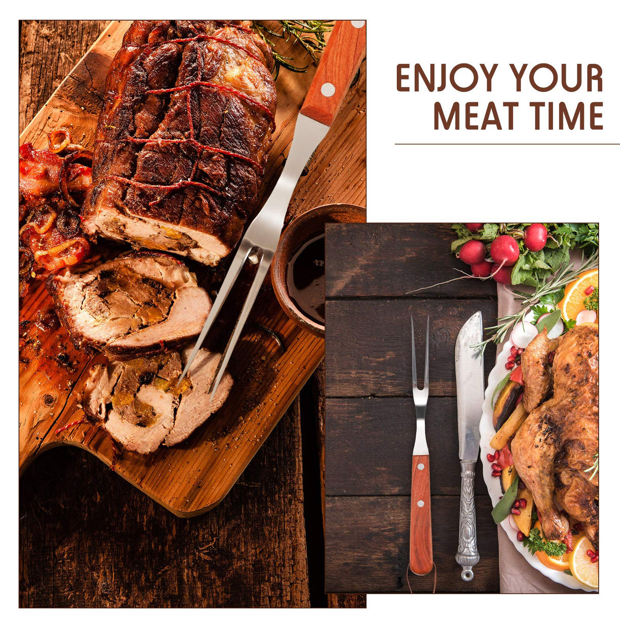 Meat Forks with Rosewood Handle and Stainless Steel Carving Fork Barbecue Fork for Christmas Kitchen Roast (2 Pieces,13 Inch, 10 Inch) Honoson