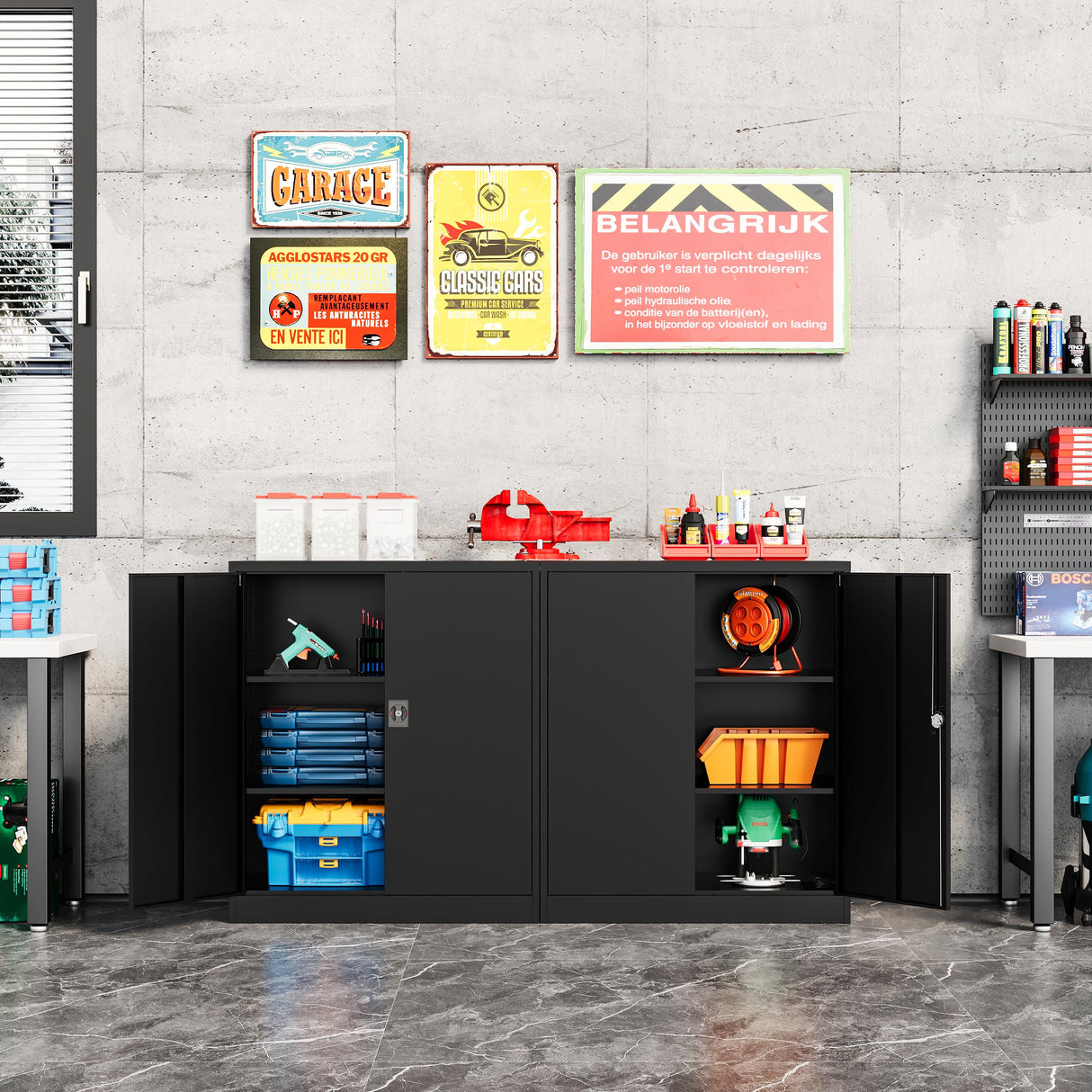 Fesbos Metal Storage Cabinet-36” Tall Steel File Cabinets with Lockable Doors and Adjustable Shelves-Black Steel Storage Cabinet for Home Office, School, Garage Fesbos