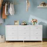 Huuger 9 Drawer Dresser, 47 Inch Dresser TV Stand for 50, 55 Inch TV, Entertainment Center with Drawers, Fabric Dresser Chest of Drawer for Bedroom, Closet, PU Leather Surface, White Huuger