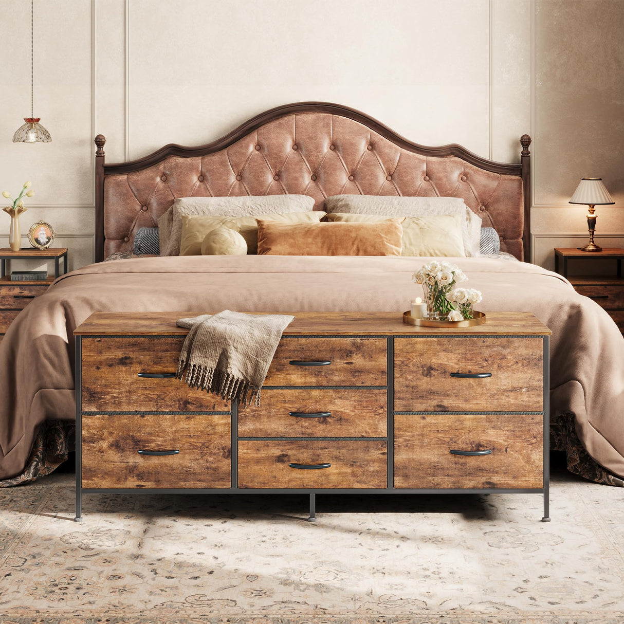 Huuger Dresser for Bedroom, 55 Inch TV Stand for 43, 55, 60 Inch TV, Long Fabric Dresser with 7 Drawers, Chest of Drawers for Storage, Closet, Clothing, Rustic Brown Huuger