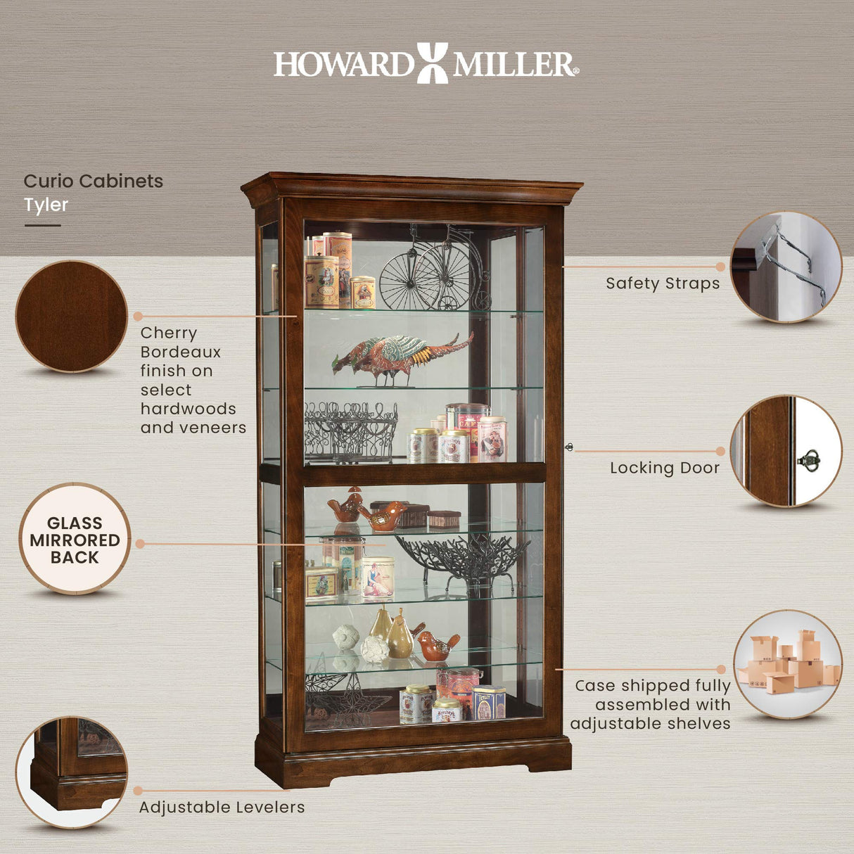 Howard Miller Tyler Curio Cabinet II - Hardwood Cabinet Wood Finish Home Decor Glass Display Cabinet Sliding & Lockable Glass Door - Storage Cabinet for Living Room, Bedroom or Dining Room Howard Miller