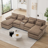 OUYESSIR U Shaped Cloud Sectional Couch, 124" Fluffy Modular Sofa Set with Double Chaise Lounge Central Console & USB Port, Comfy Chenille Big Sectional Couches for Living Room, Brown OUYESSIR