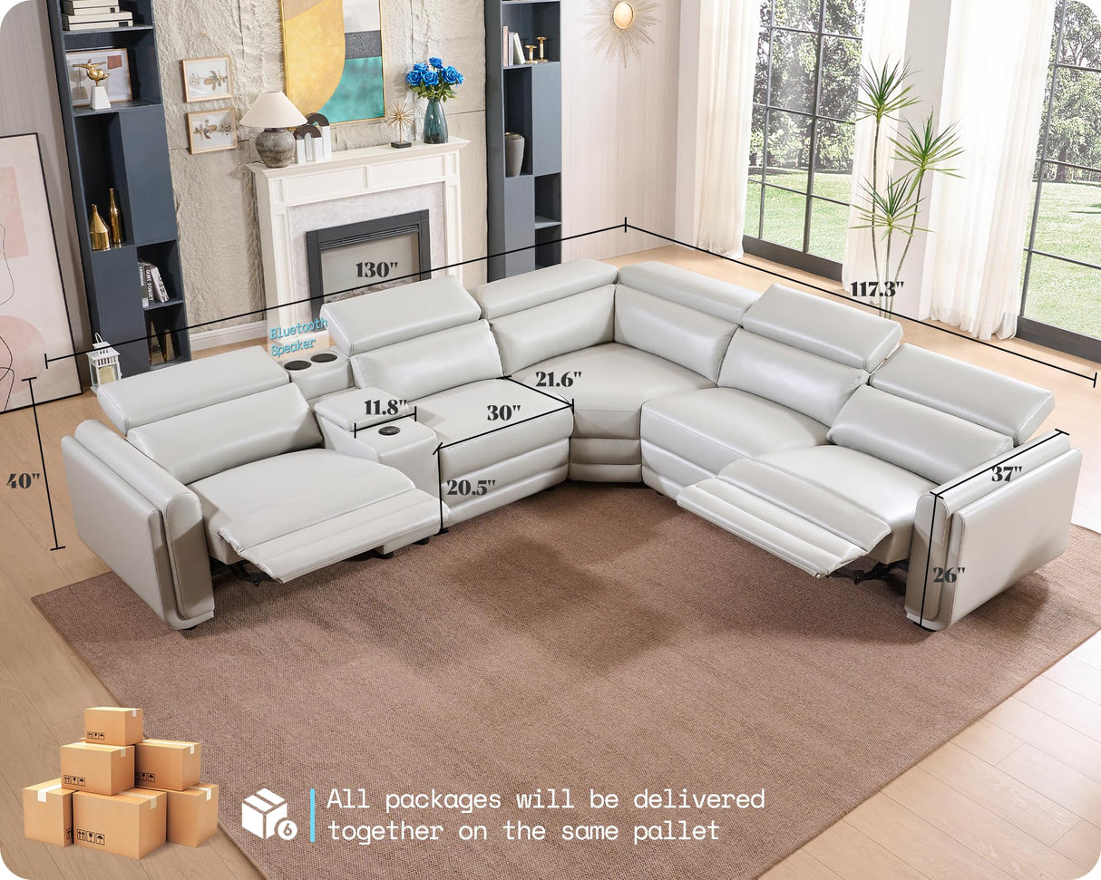 AMERLIFE Power Recliner Sofa, 129 Inch Oversized Reclining Sofa with Console & Speaker, 5 Seats L Shaped Sectional Couch for Living Room, Light Grey Leather AMERLIFE
